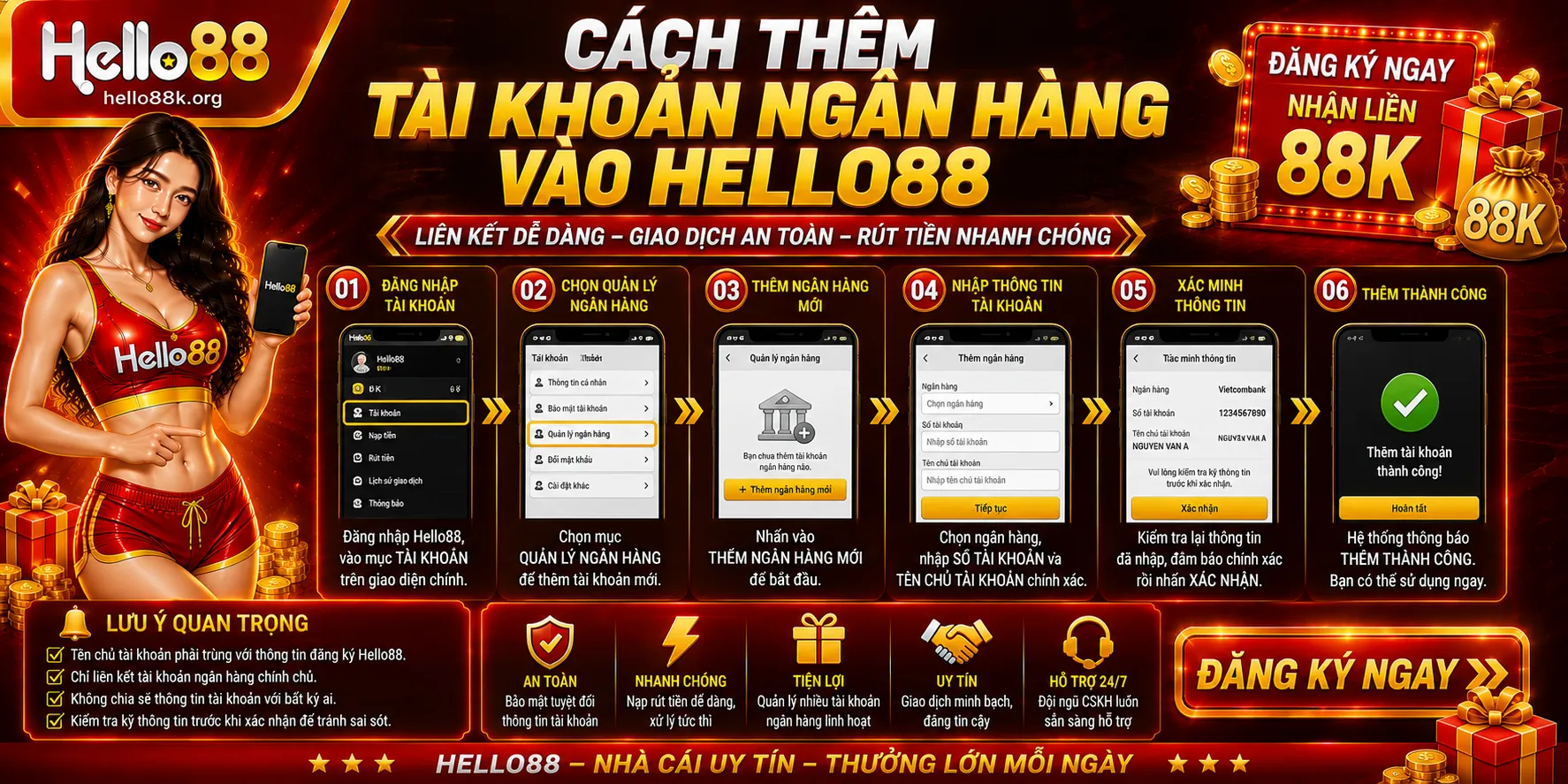 Cách thêm tài khoản ngân hàng vào Hello88